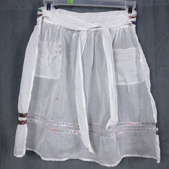 Vintage Hostess Half Apron Gauze Cotton White Two Pockets Plaid Preppy - Picture 5 of 5